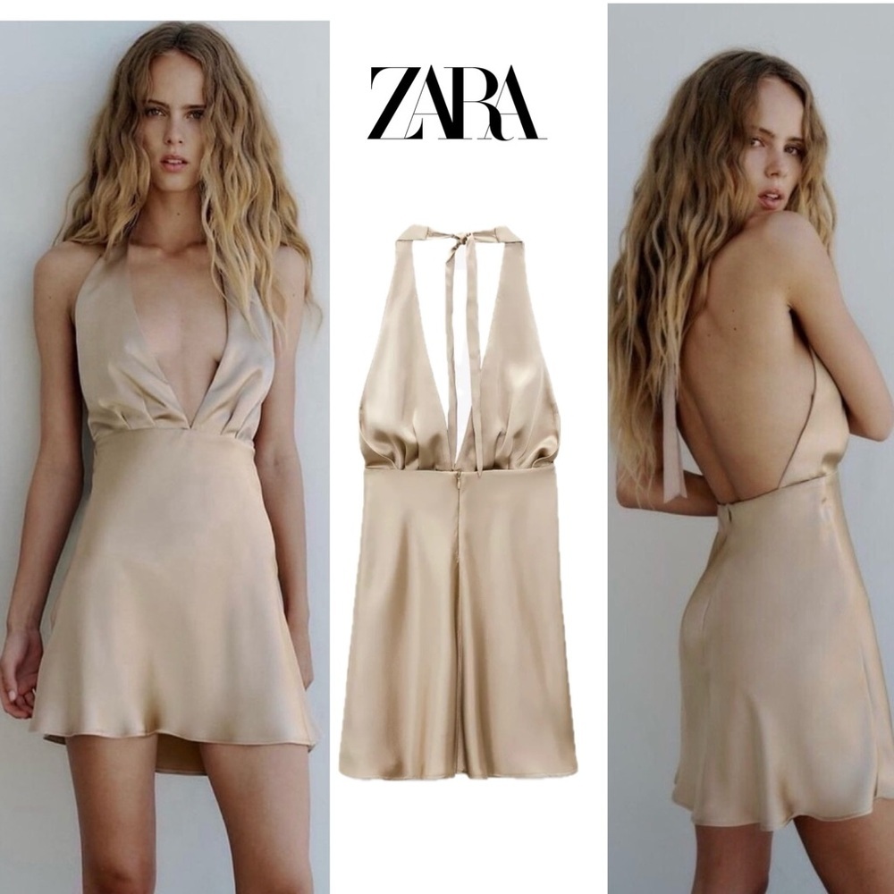 Zara beige tan brown satin effect fit & flare halter top open back mini dress M